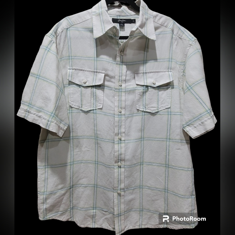 Sean John XL Linen Blend Men's Dress Shirt Baby Blue White Stripes Contemporary